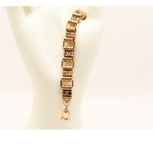 Vintage Book Chain Bracelet Clear Rhinestones Gold Tone Reversible Style